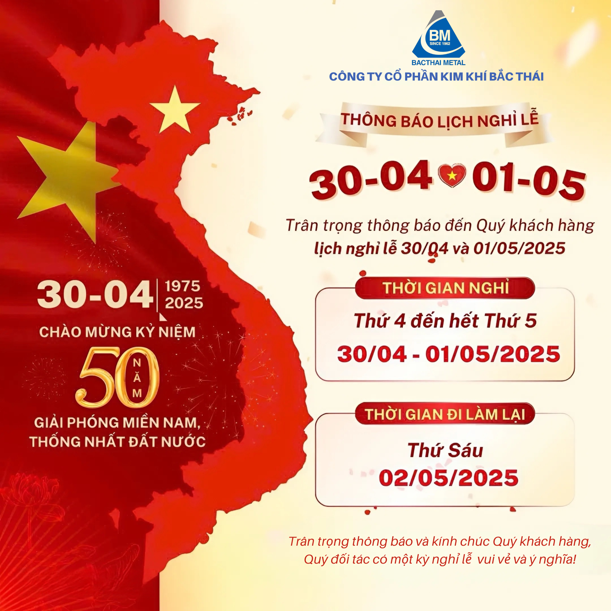 THÔNG BÁO NGHỈ LỄ 30/4 VÀ 1/5